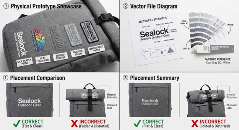 Five logo methods on the same bag — silkscreen, heat transfer, welded emboss, rubber patch and embroidery — with vector artwork, Pantone references, and correct versus incorrect placement